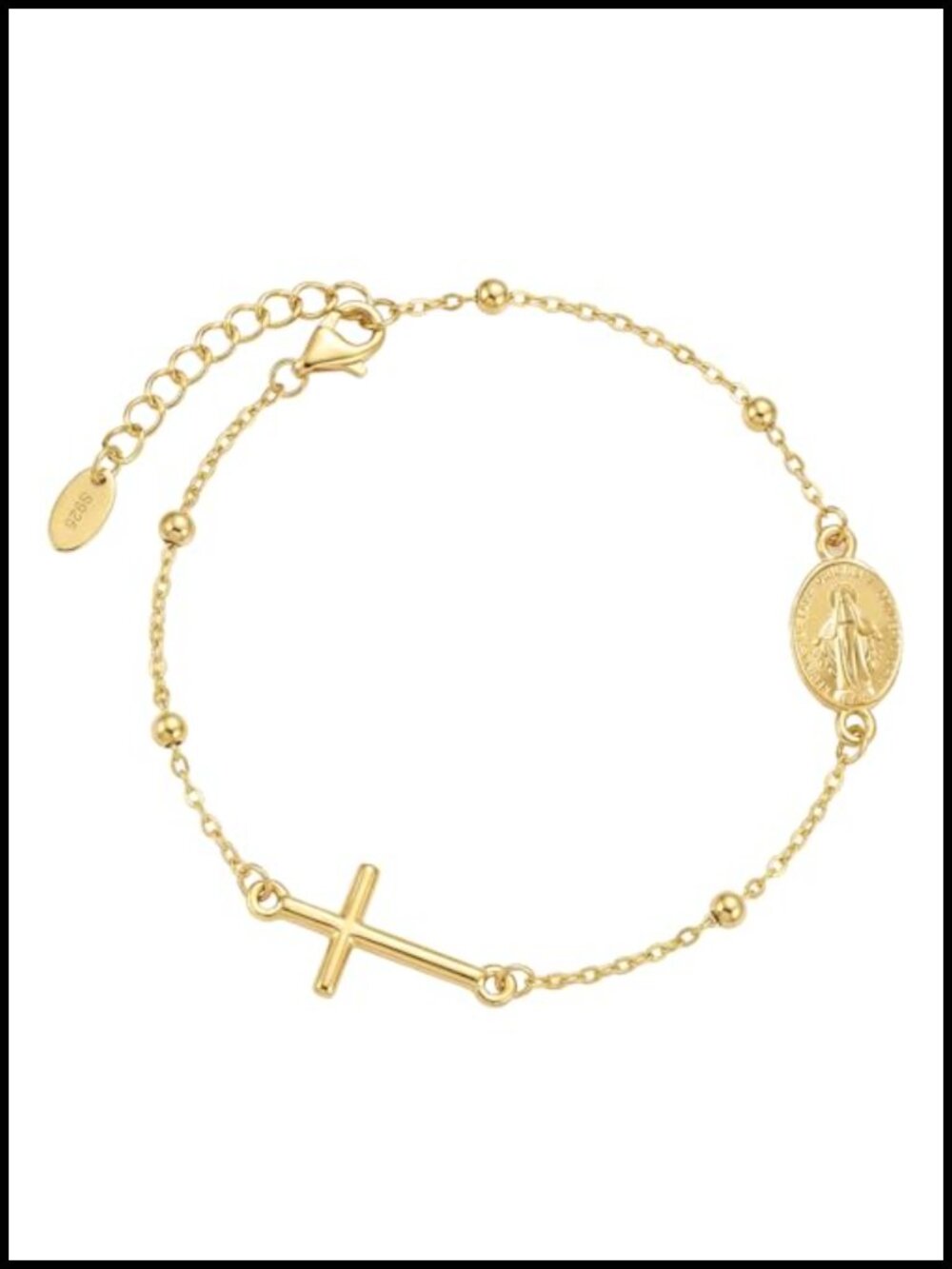 18K Gold Plated S925 Sterling Silver Cross Charm Rosary Bracelet